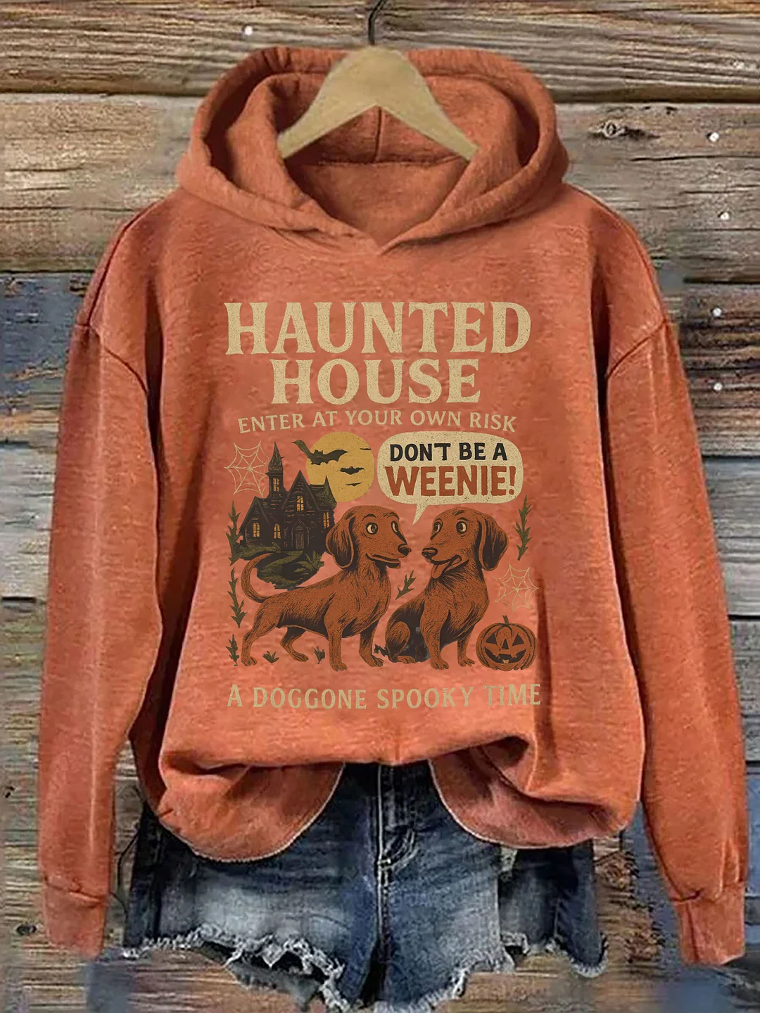 Vintage Haunted House Halloween Spooky Dachshund Hoodie
