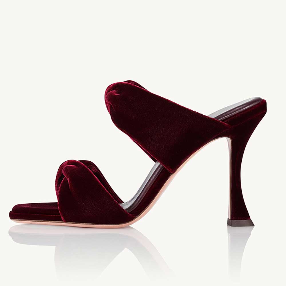 Maroon Velvet Square Toe Flared Heel Strappy Mules Nicepairs