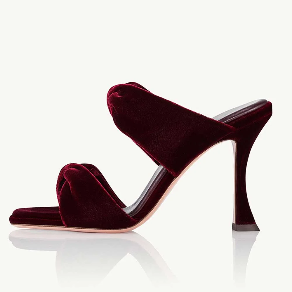 Maroon Velvet Opened Square Toe Strappy Mules With Flared Heels Nicepairs