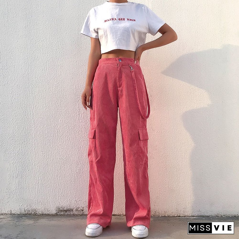 Weekeep Women Casual Pockets Patchwork Cargo Pants High Waist Straight Trousers Women Pants