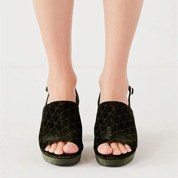 Olive Green Slingback Heels Open Toe Platform Chunky Heel Sandals|FSJshoes