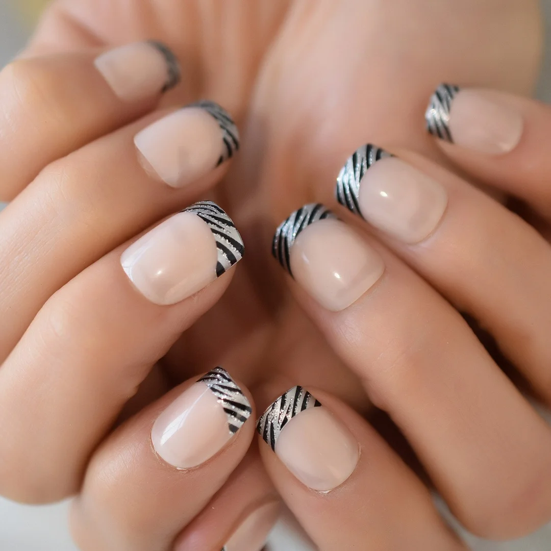 24 PCS Short Edge Glitter Zebra Nail Art Fake Nails Tips Full Cover Fashion Nail Foil Pink Crazy Press On Nails-Nail Inspo