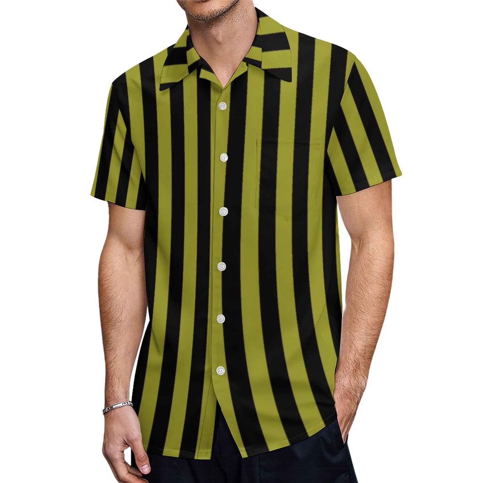 Black And Olive Green Vertical Stripe Pattern Hawaiian Shirt Mens Button Down Tropical Hawaii Beach Shirts