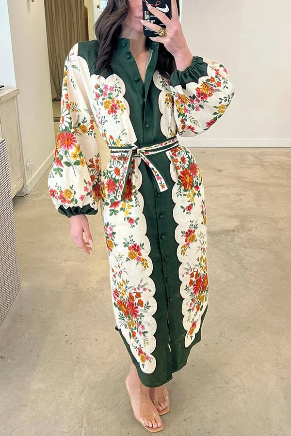 Yamada Floral Point Collar Balloon Sleeve Pocketed Belted Midi Dress