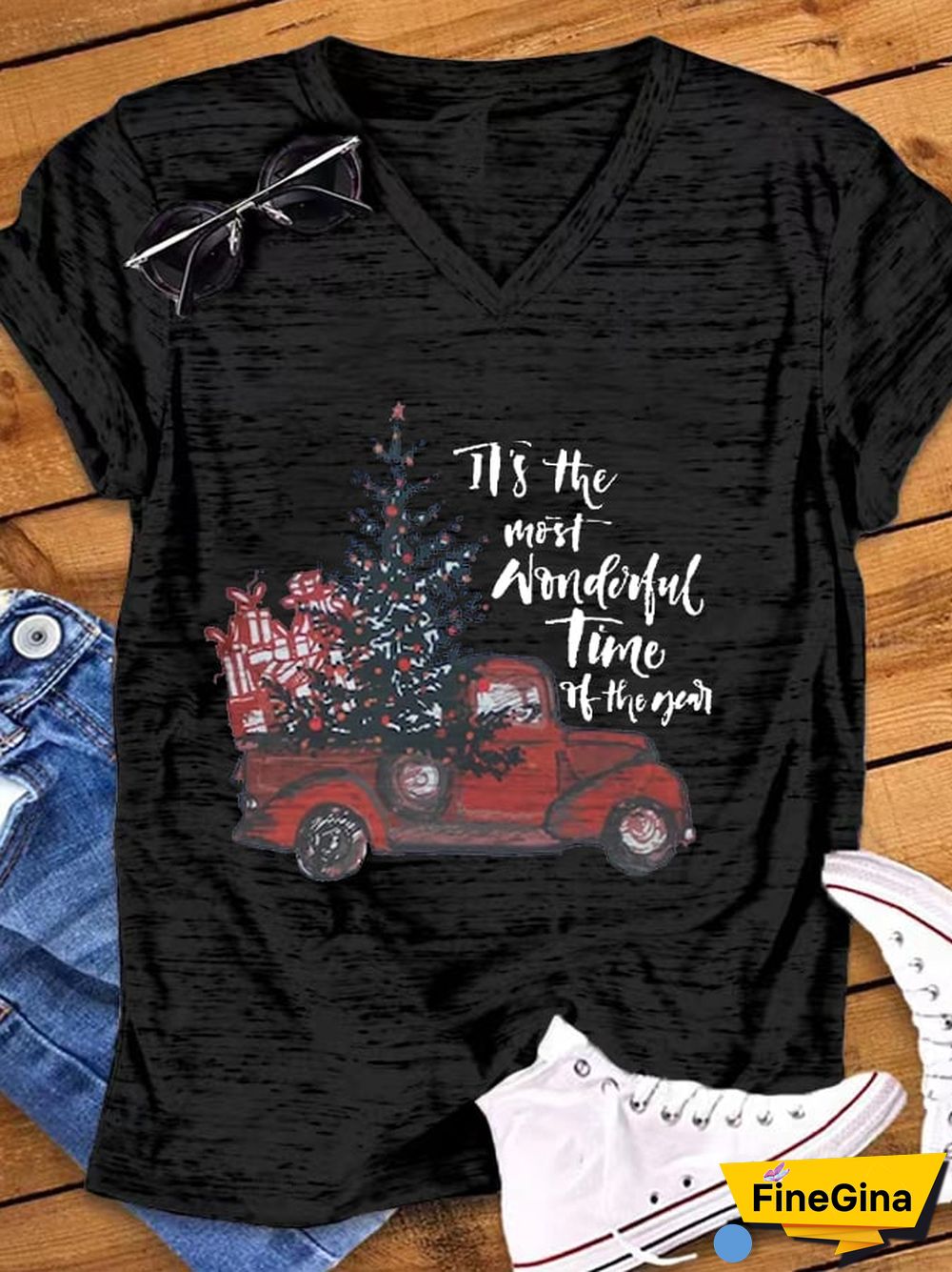 Women's Christmas Truck It's The Most Wonderful Time Of The Year Casual V-Neck Tee