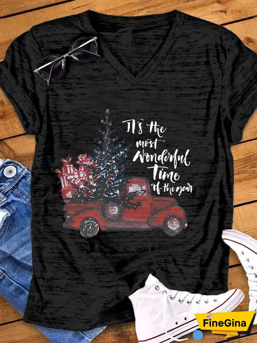 Women's Christmas Truck It's The Most Wonderful Time Of The Year Casual V-Neck Tee