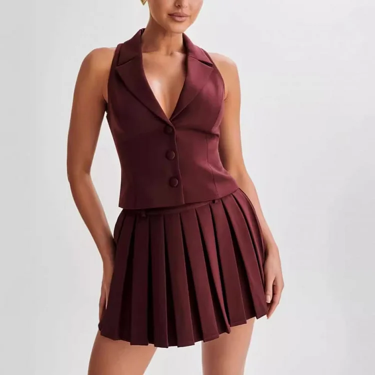fashion Waistcoat & Pleated Mini Skirt 