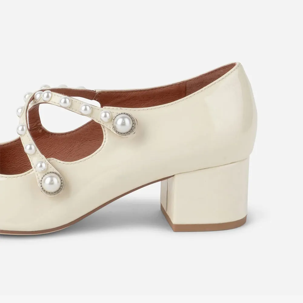 Women's Ivory Square Toe Pearl Cross Strap Block Heel Pumps