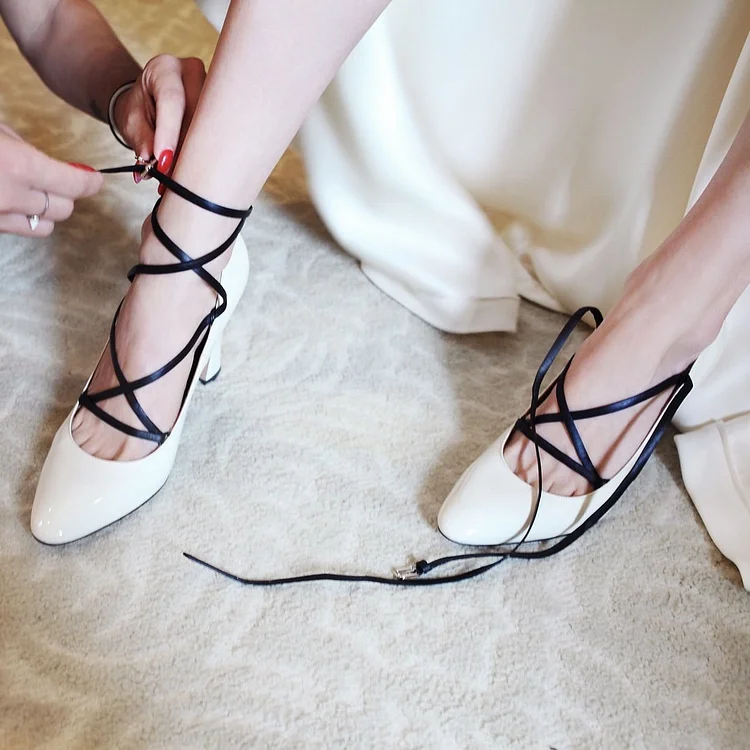 White Wedding Shoes Chunky Heel Lace up Pumps for Bridal |FSJ Shoes