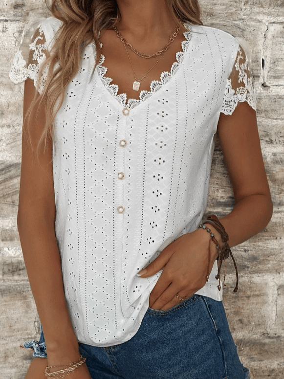 Women's White Lace V Neck Short Sleeve T-Shirt socialshop