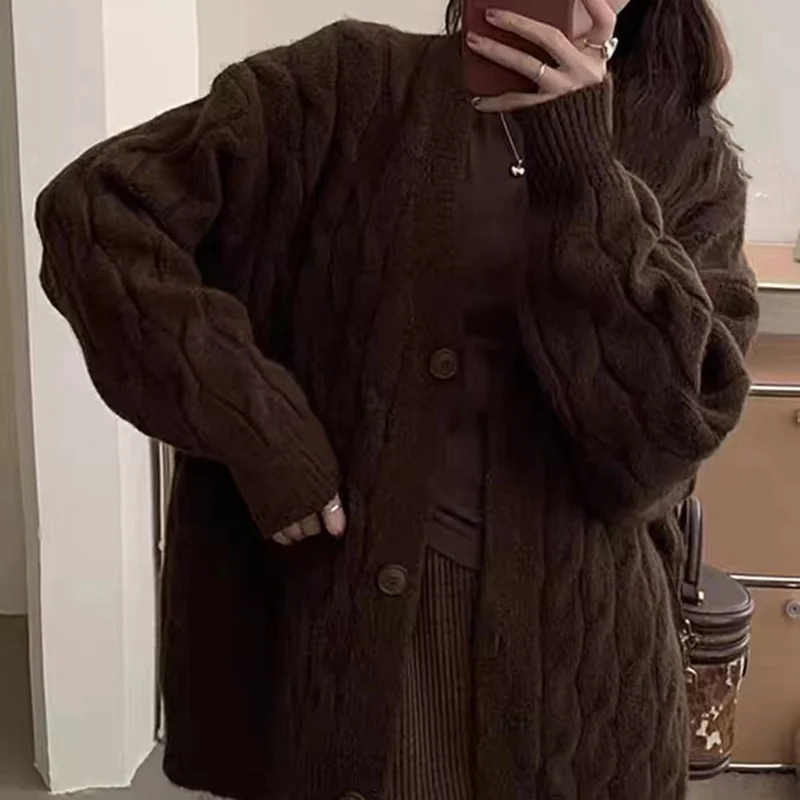 Churchf Churchf Twist Sweater Coat Female Loose Lazy Wind V-Neck Long Sleeve Autumn Winter Korean Version Knit Cardigan Female Thick Money