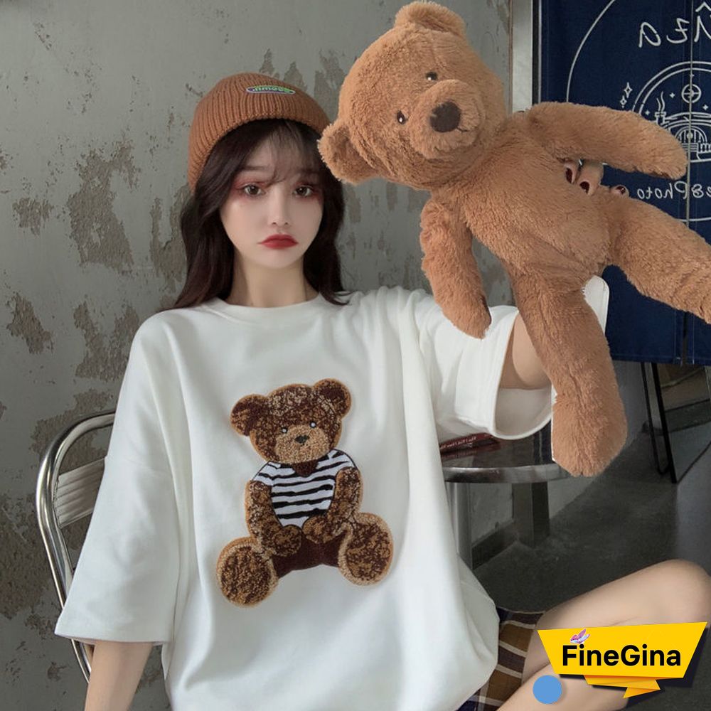 Harajuku Streetwear Oversized Women Tshirts Korean Cute Bear Half Sleeve Loose T-Shirt Fashion Casual Tees Summer Couple Clothes