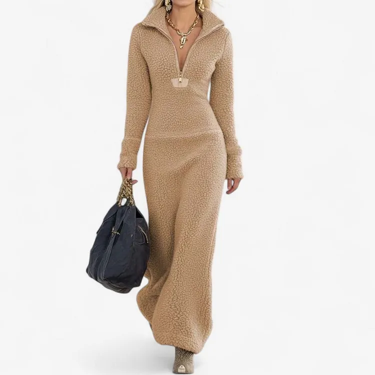The Aspen Plush Fleece Zip-Front Maxi Dress
