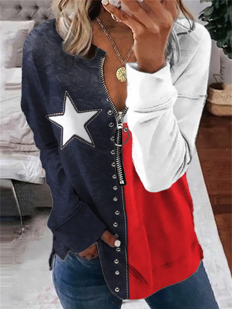  Texas Flag Inspired Colorblock Leather Art Zip Up Sweatshirt Westsshops