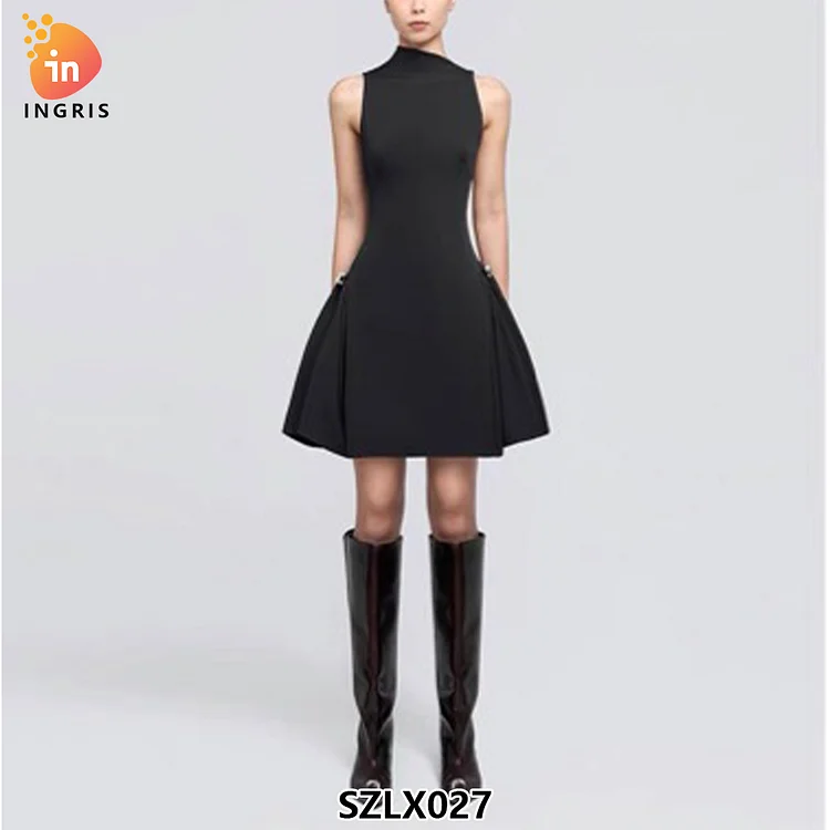 High-grade Metal Buckle Symmetrical Pleated Sleeveless Skirt Design Sense Small Waist Dress-SZLX027