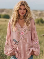 Women's Bohemian Pink Floral And Birds V-neck Long-sleeved T-shirt