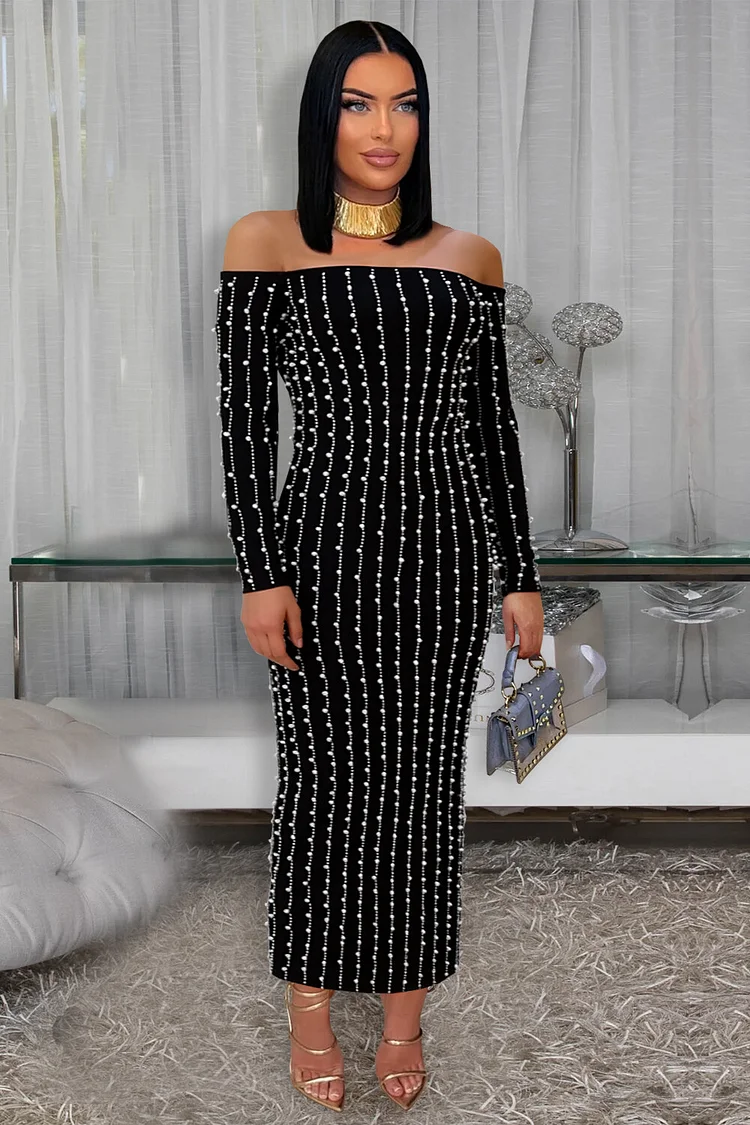 Off Shoulder Long Sleeve Faux Pearls Hot Drilling Party Maxi Dresses-Black