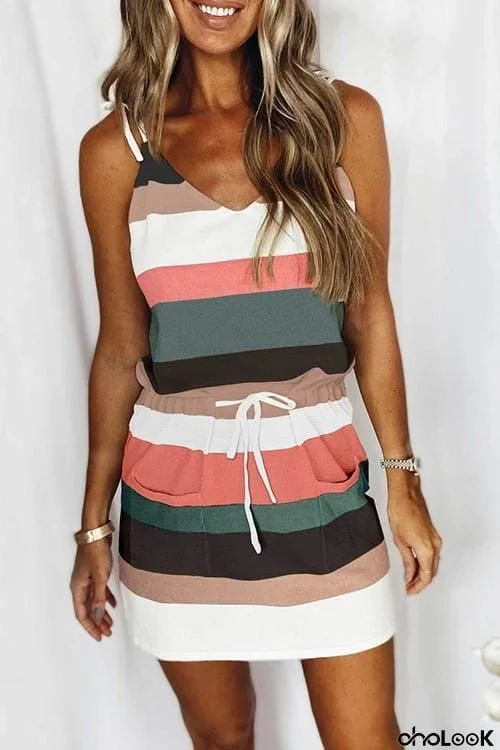 Stripe Drawstring Sleeveless Mini Dress