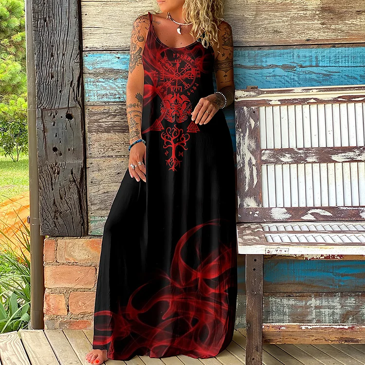 VChics Viking Totem Flame Print Suspender Maxi Dress