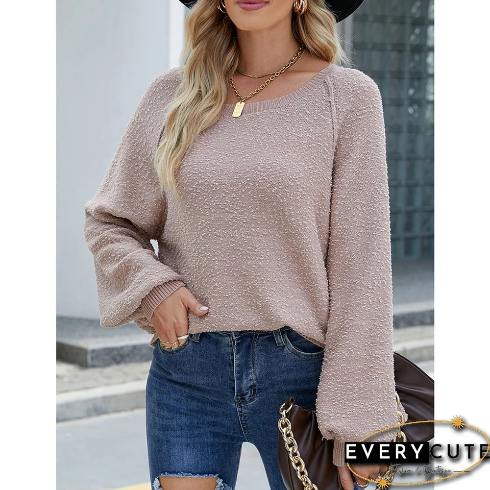 Khaki Solid Color Crew Neck Knit Sweater