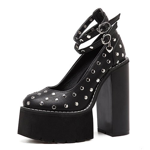 Gdgydh Fashion High Heels Pumps For Women Spring Autumn Round Toe Ankle Buckle Leather Female Platform Shoes Rivet Gothic Punk