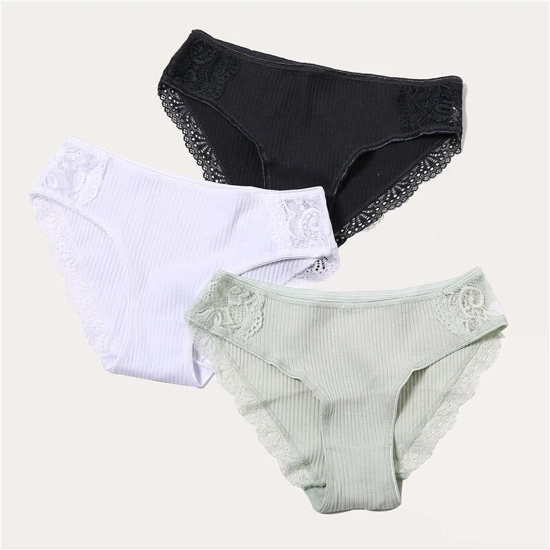 3PCS/Set 6 Color Women Panties Cotton Lace Briefs Solid Color for Female Striped Sexy Cotton Underwear Lingerie Low Waist Flower