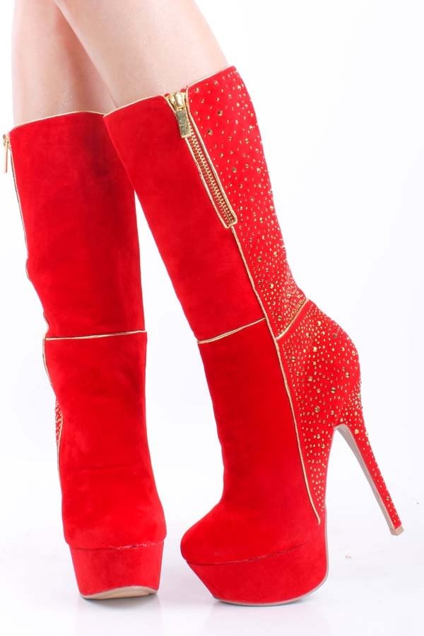 Red Platform Boots Studs Embellished Suede High Heel Boots |FSJ Shoes