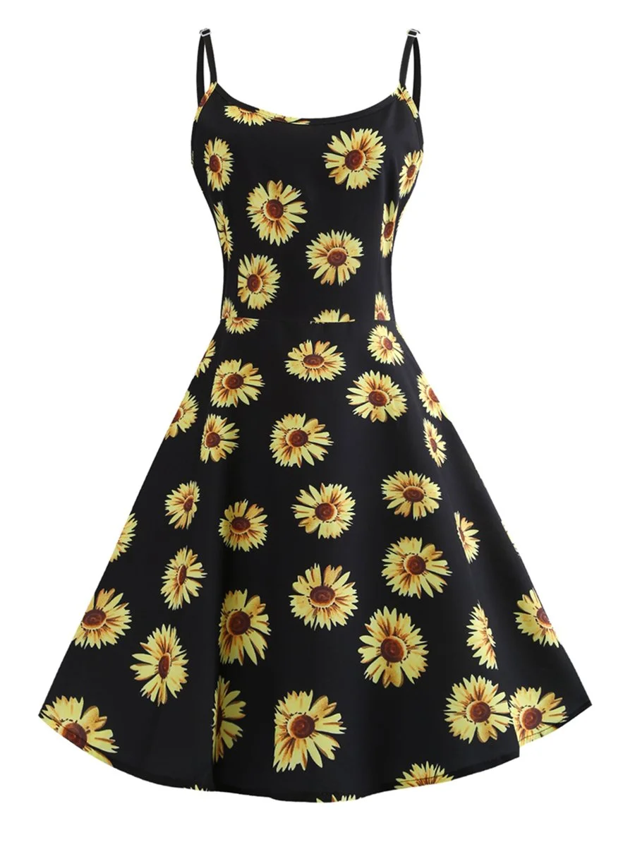 1950s Dress Plant Print Spaghetti Strap Dress