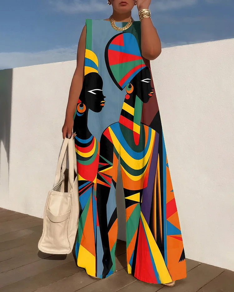 African Abstract Art Wide Leg Jumpsuit