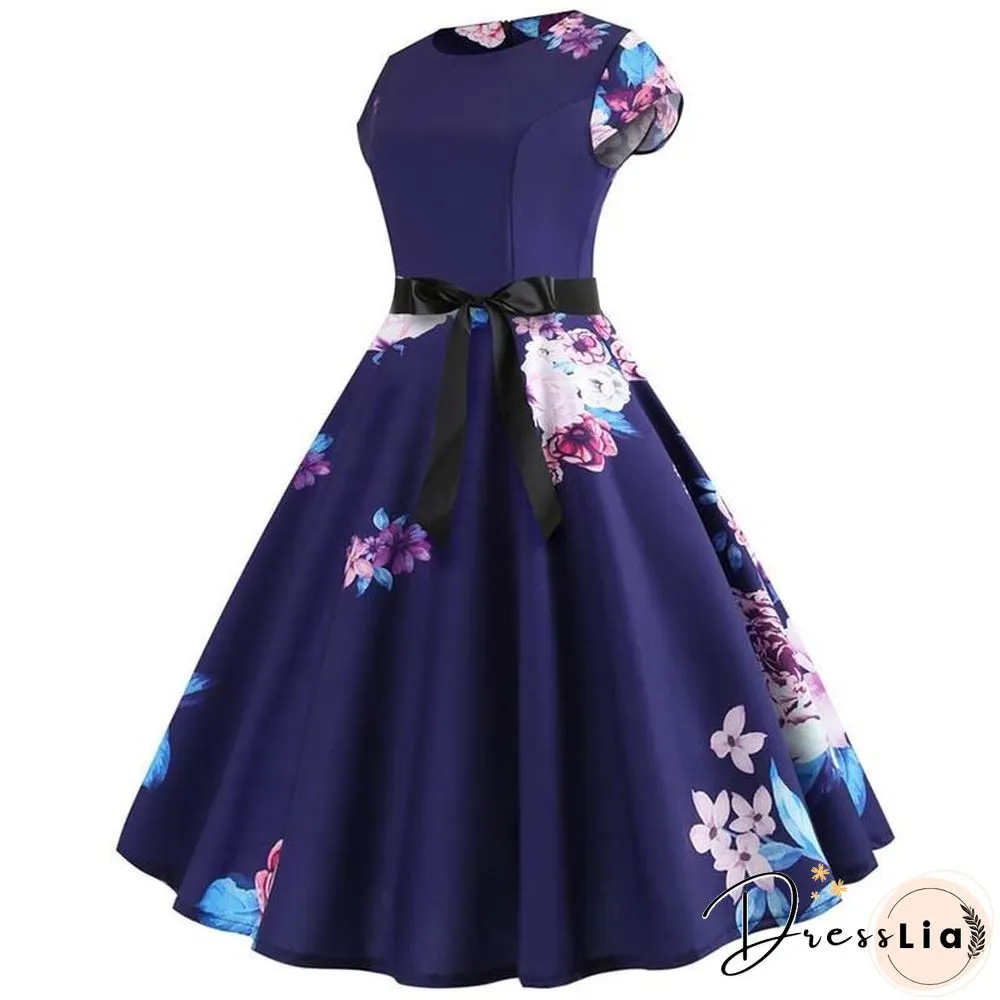 Women Vintage Summer Floral Print Short Sleeve Party Dresses