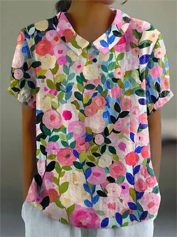 Women's Colorful Floral Garden Print Casual Cotton And Linen Shirt