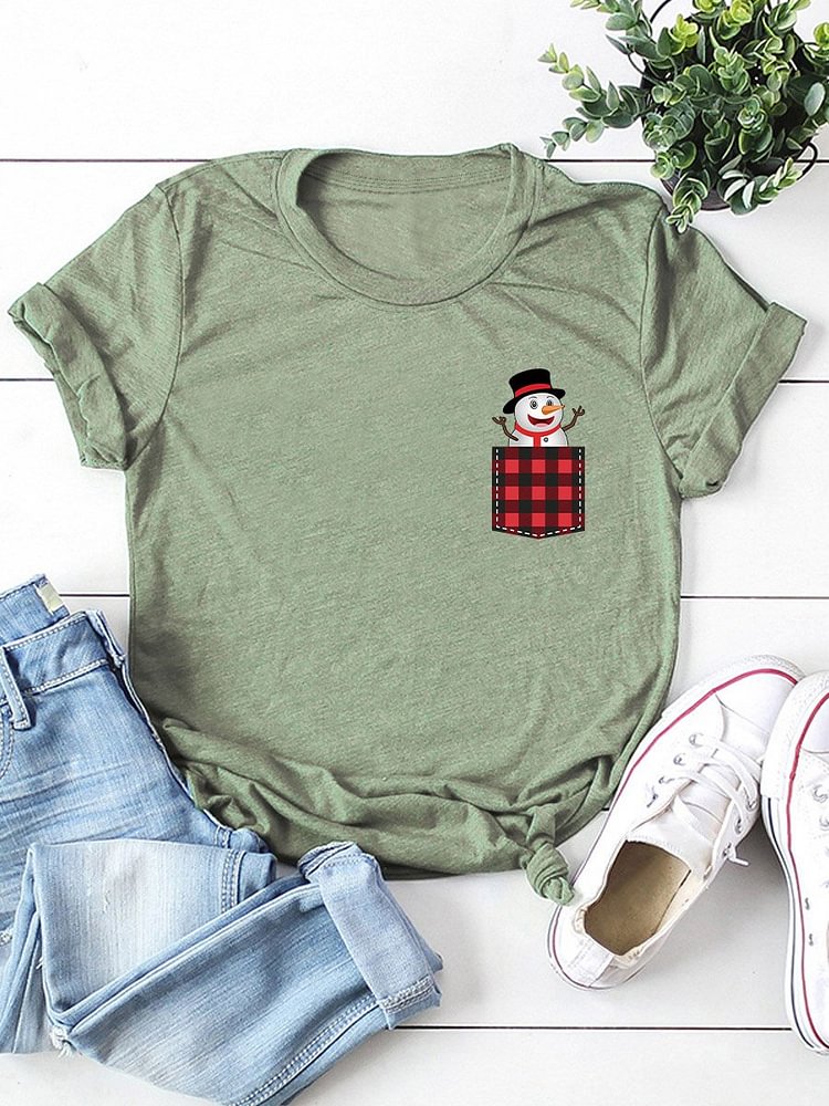 Bestdealfriday Christmas Snowman In Red Plaid Fake Pocket Printed Round Neck Casual Short Sleeve Tee