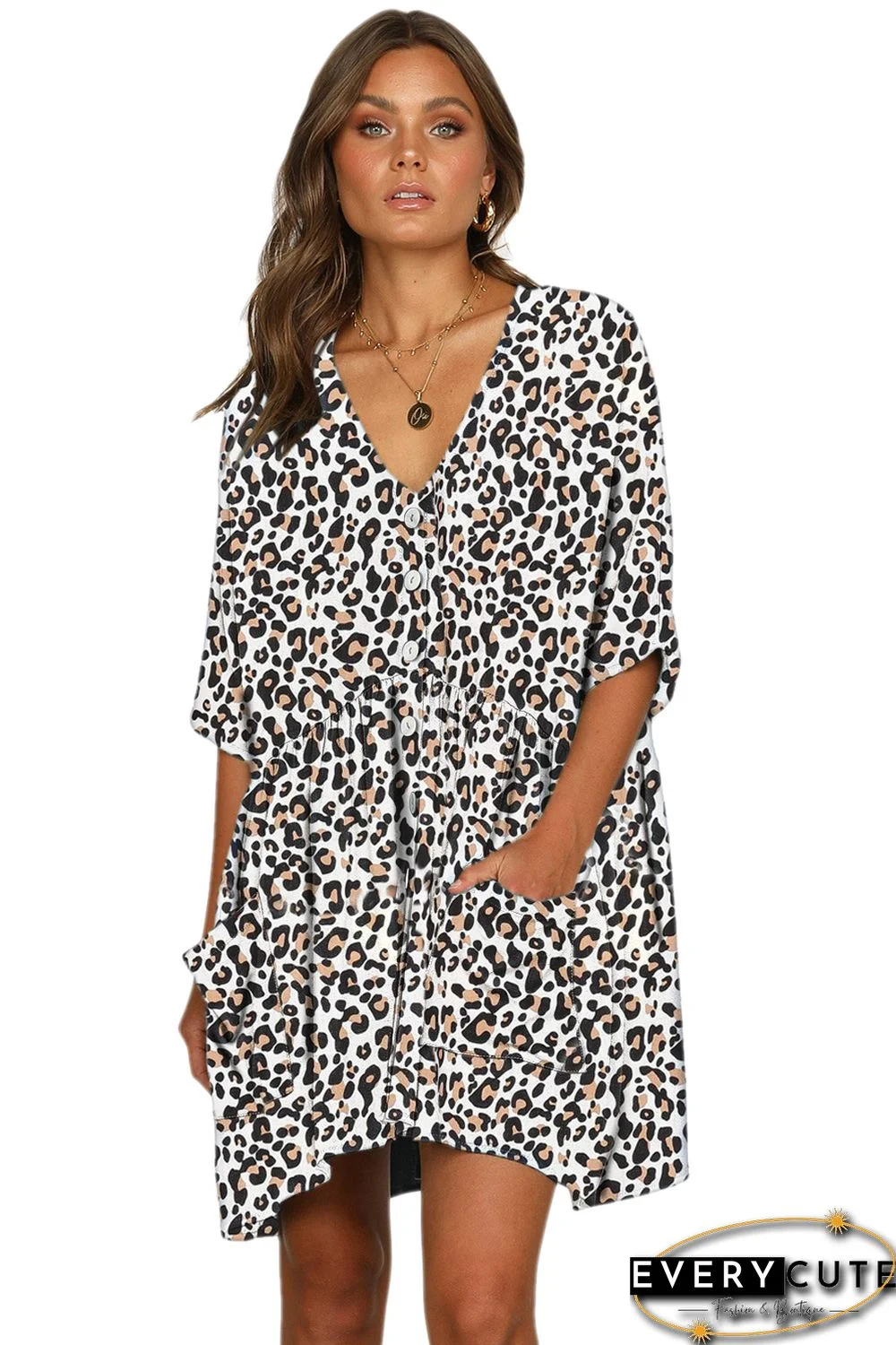 White Leopard Print V Neck Button Half Sleeves Swing Dress