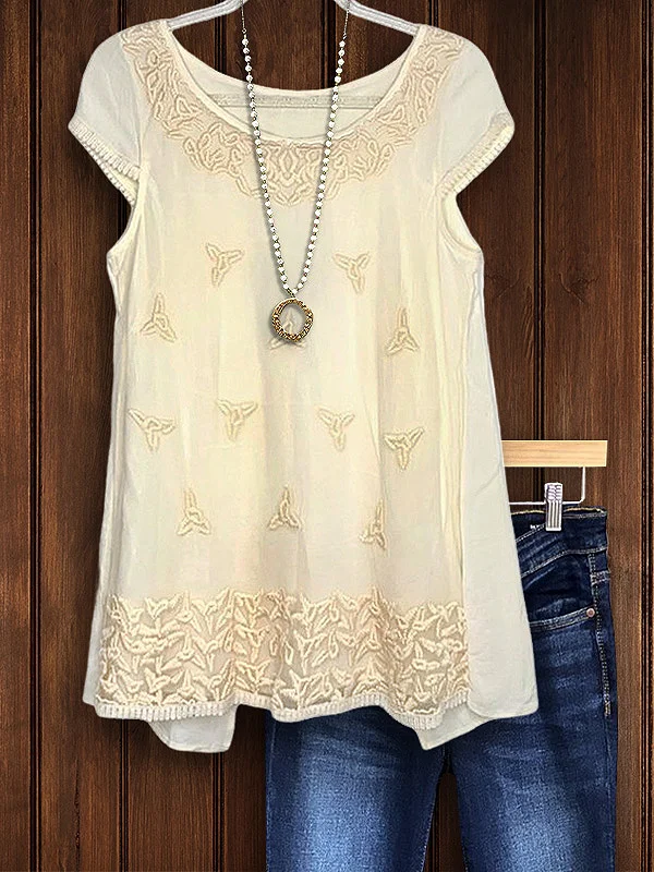 Elegant Floral Embroidered Short-Sleeved Top