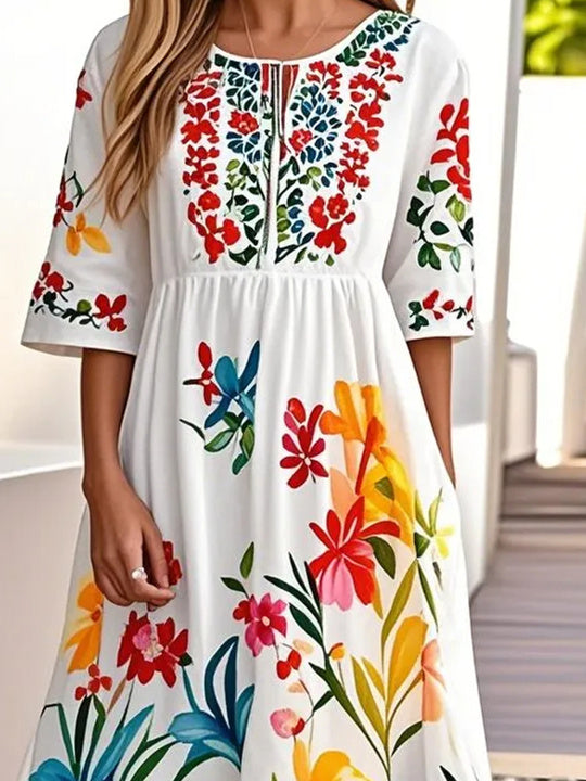 Women's Short Sleeve Scoop Neck Floral Printed Graphic Midi Dress