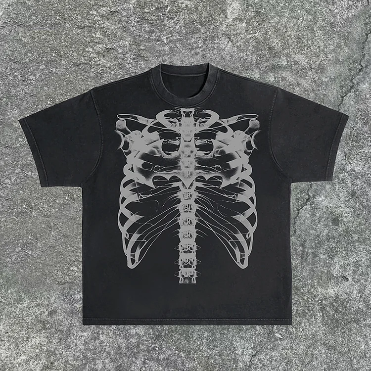 Vintage Acid Washed X-Ray Chest Bone Print Short Sleeve T-Shirt