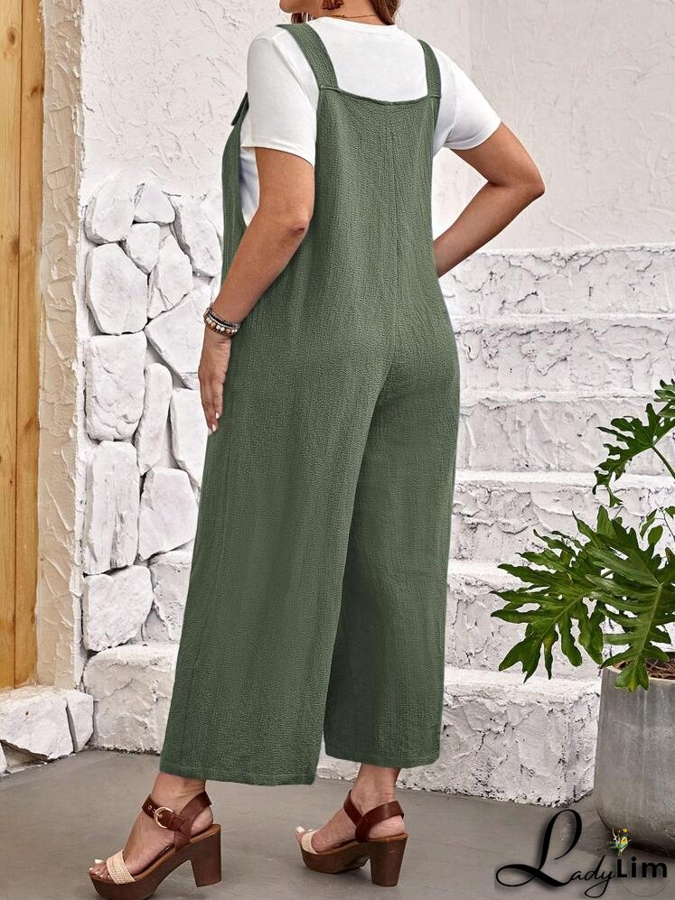 Plus Size Women's Solid Color Simple Daily Wear Jumpsuit With Straps