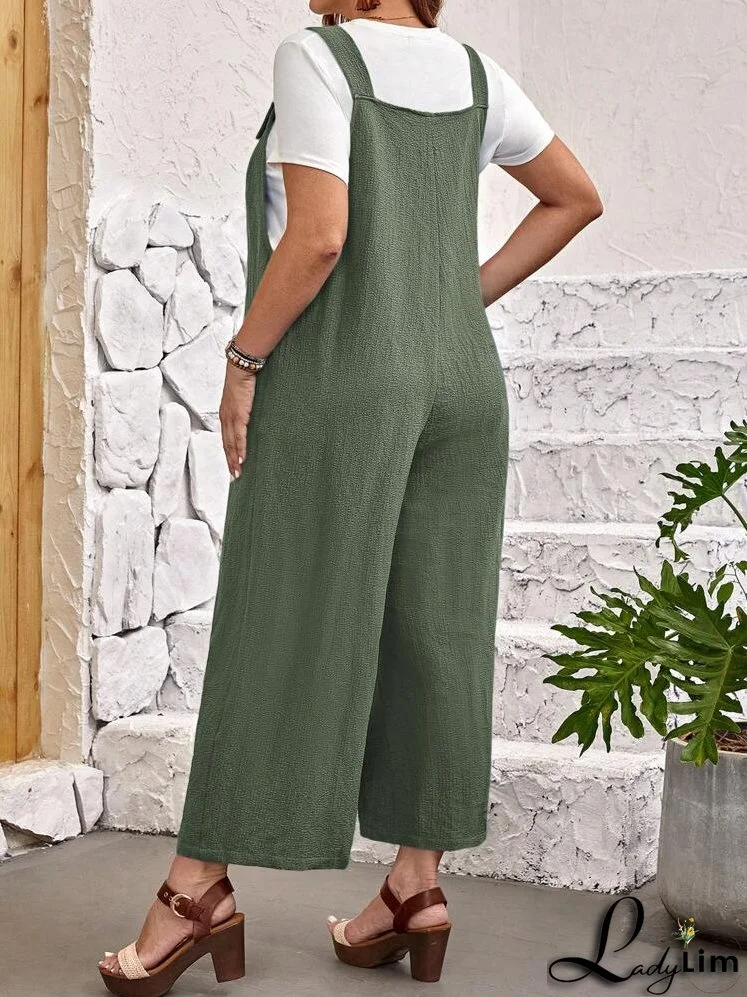 Plus Size Women's Solid Color Simple Daily Wear Jumpsuit With Straps