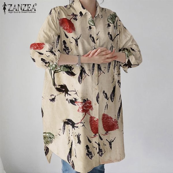 ZANZEA Autumn/Spring Women Shirt Full Sleeve Printed Buttons Down Casual Oversized Blouse Tops - Life is Beautiful for You - SheChoic