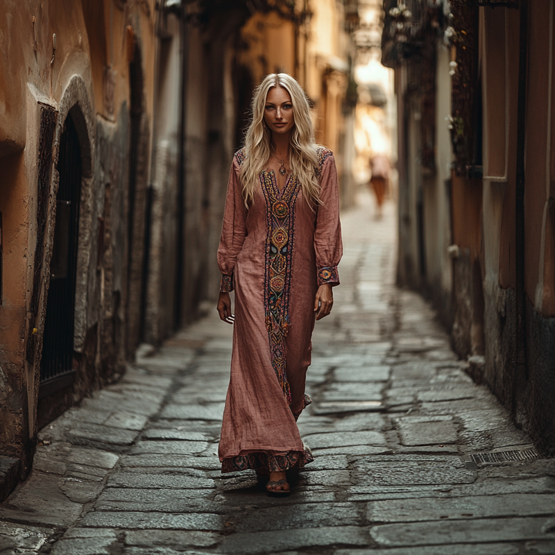 Ethnic Embroidery Vintage Casual Linen Dress e08c
