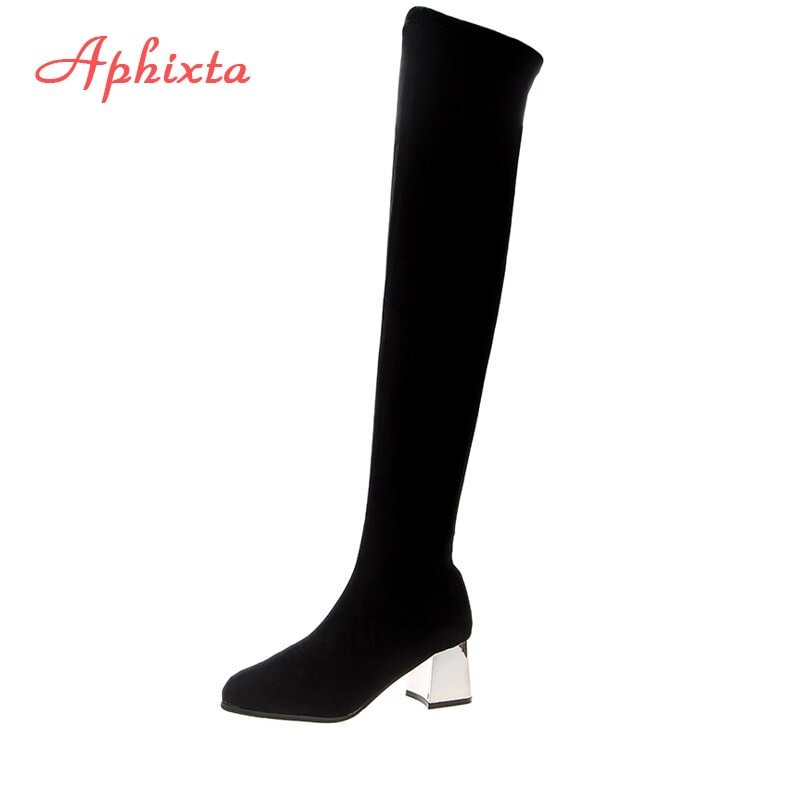 Aphixta Woman Long Boots Knee High Boots Square Heels Metal Heel High Heeled Sexy Boots