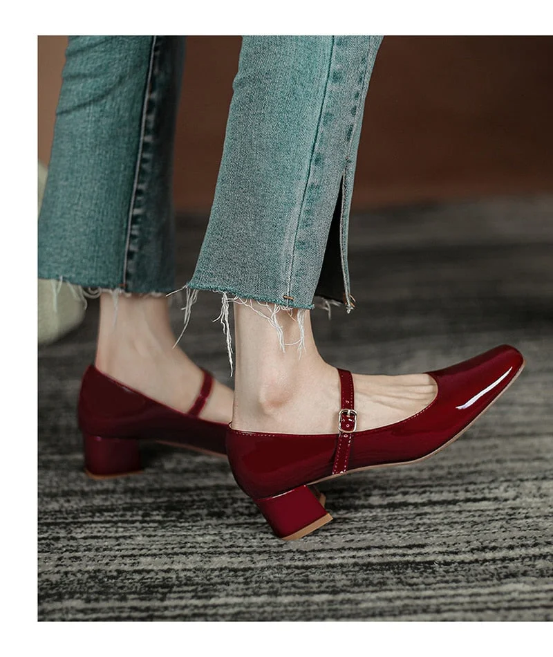 Spring Autumn Women Mary Janes Shoes Patent Leather Low Heels Dress Shoes Square Toe Shallow Buckle Strap Girls Shoes