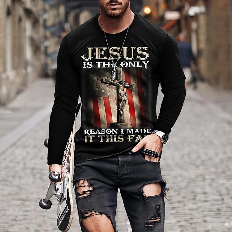 BrosWear Men's Jesus Cross Printed Long Sleeve T-Shirt