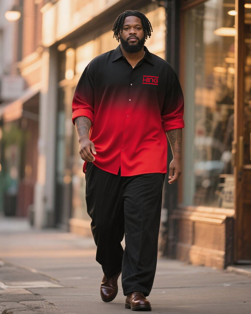 Big & Tall Men's Business Black And Red Gradual King Letter Printing Long Sleeve Shirt Pants Suit
