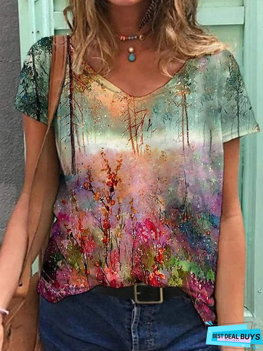 Women's Floral Theme T-shirt Floral Flower Print V Neck Tops Basic Top Blue Purple Red