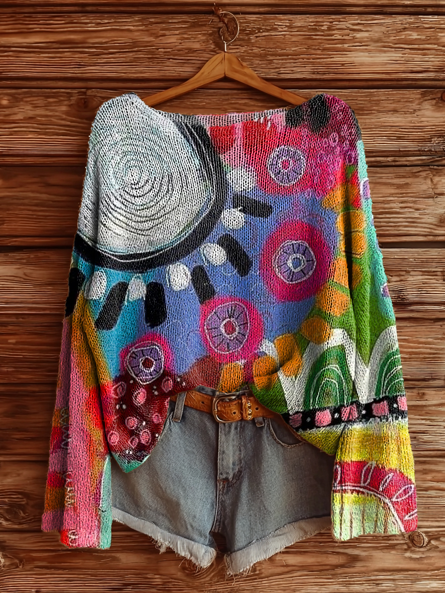 Women's Bohemian Floral Art Print Casual Pullover Sweater