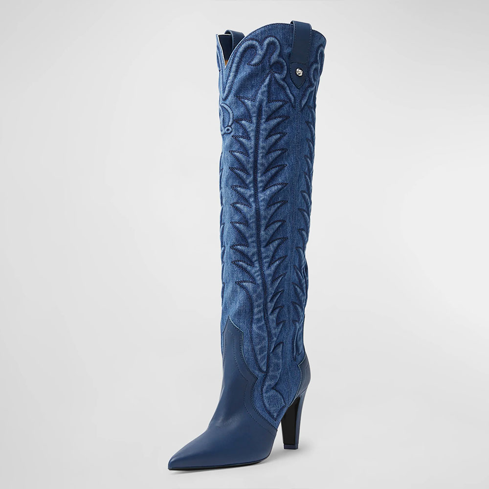 Blue Denim Patchwork Pointed Toe Stitching Heeled Cowgirl Boots