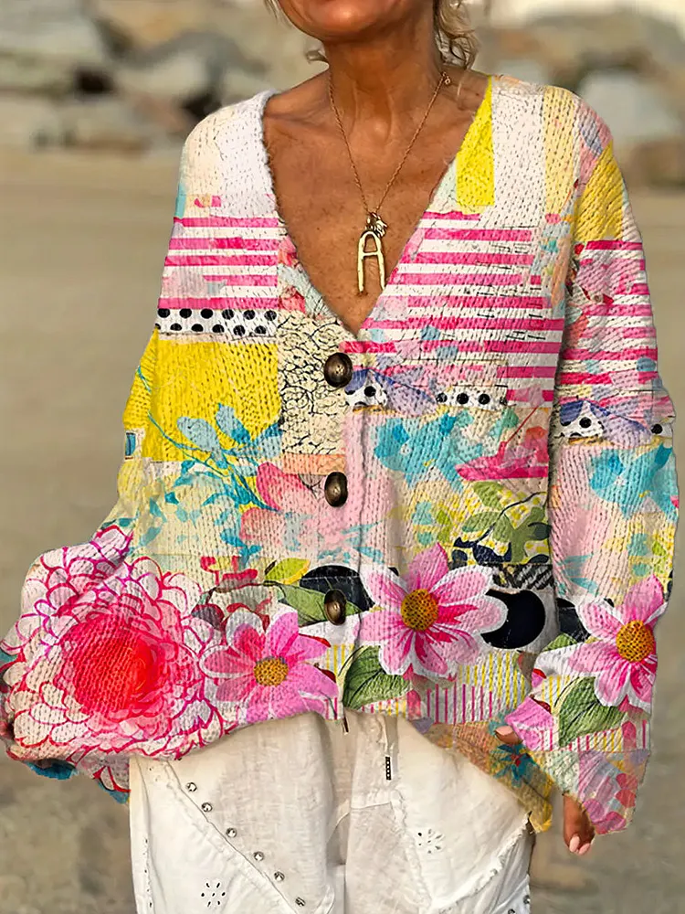 Women's Vintage Floral Pattern Art Print Casual Pullover Sweater