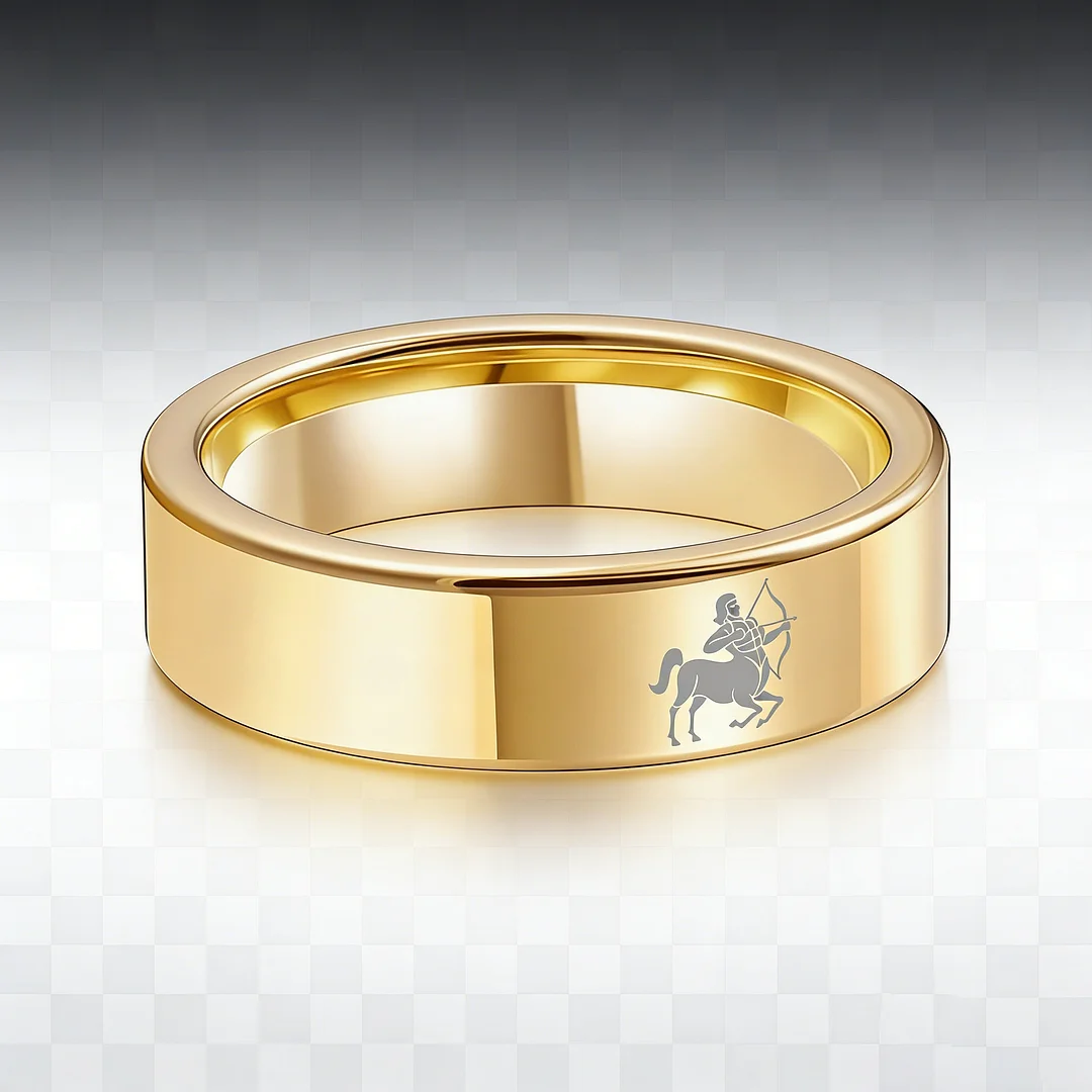 Gold Tungsten Carbide Rings Flat Sagittarius Wedding Band Flat Top Comfort Fit 4MM 6MM 8MM