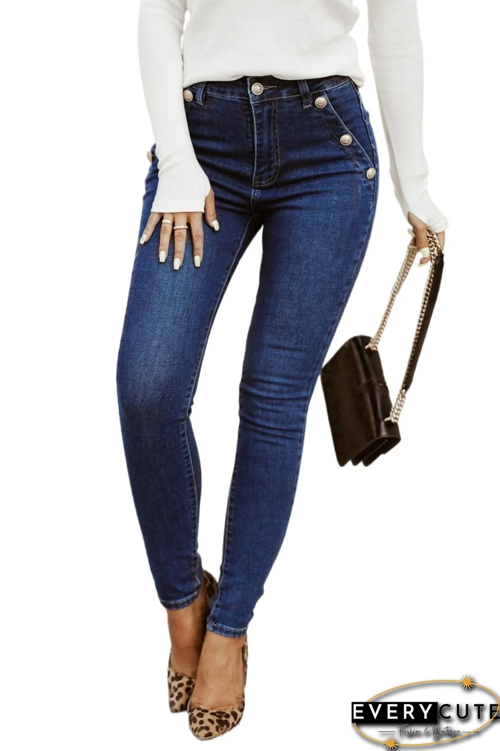 Blue Buttons Pockets High Waist Skinny Jeans